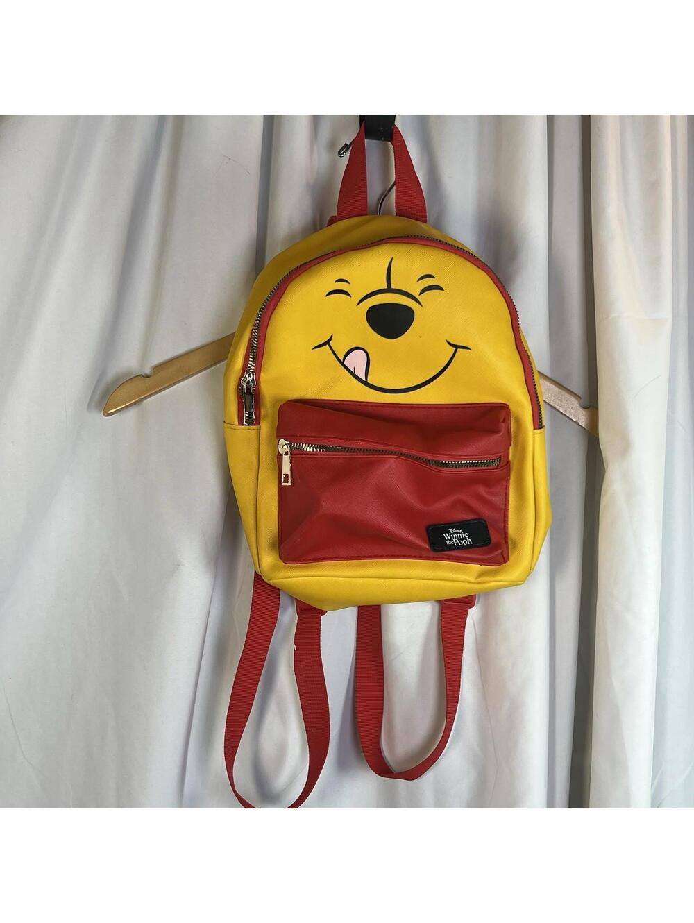 Disney Winnie The Pooh Mini Backpack 11.5” Yellow Red Smile Pockets Adjustable